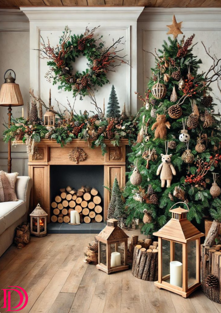 A rustic Christmas tree and decorated fireplace with natural ornaments and wooden lanterns.