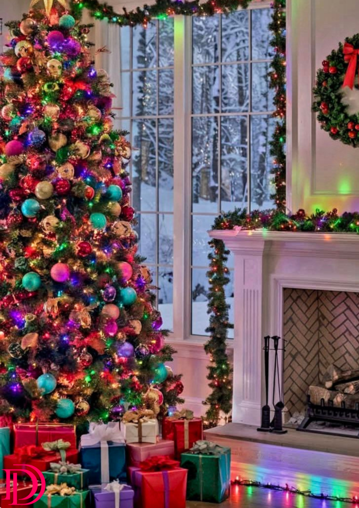 Decorated Christmas tree and fireplace next to a large snowy window.