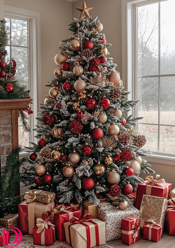 Flocked Christmas tree decorated in red and gold ornaments with gifts underneath.