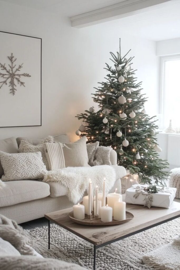 A minimalist living room with a simple Christmas tree, candles, and neutral-toned décor.