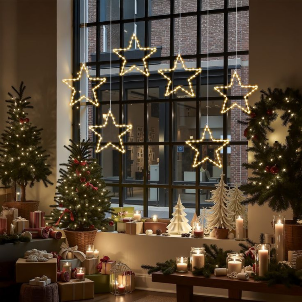 Christmas window display with glowing star lights, small trees, candles, and gifts.